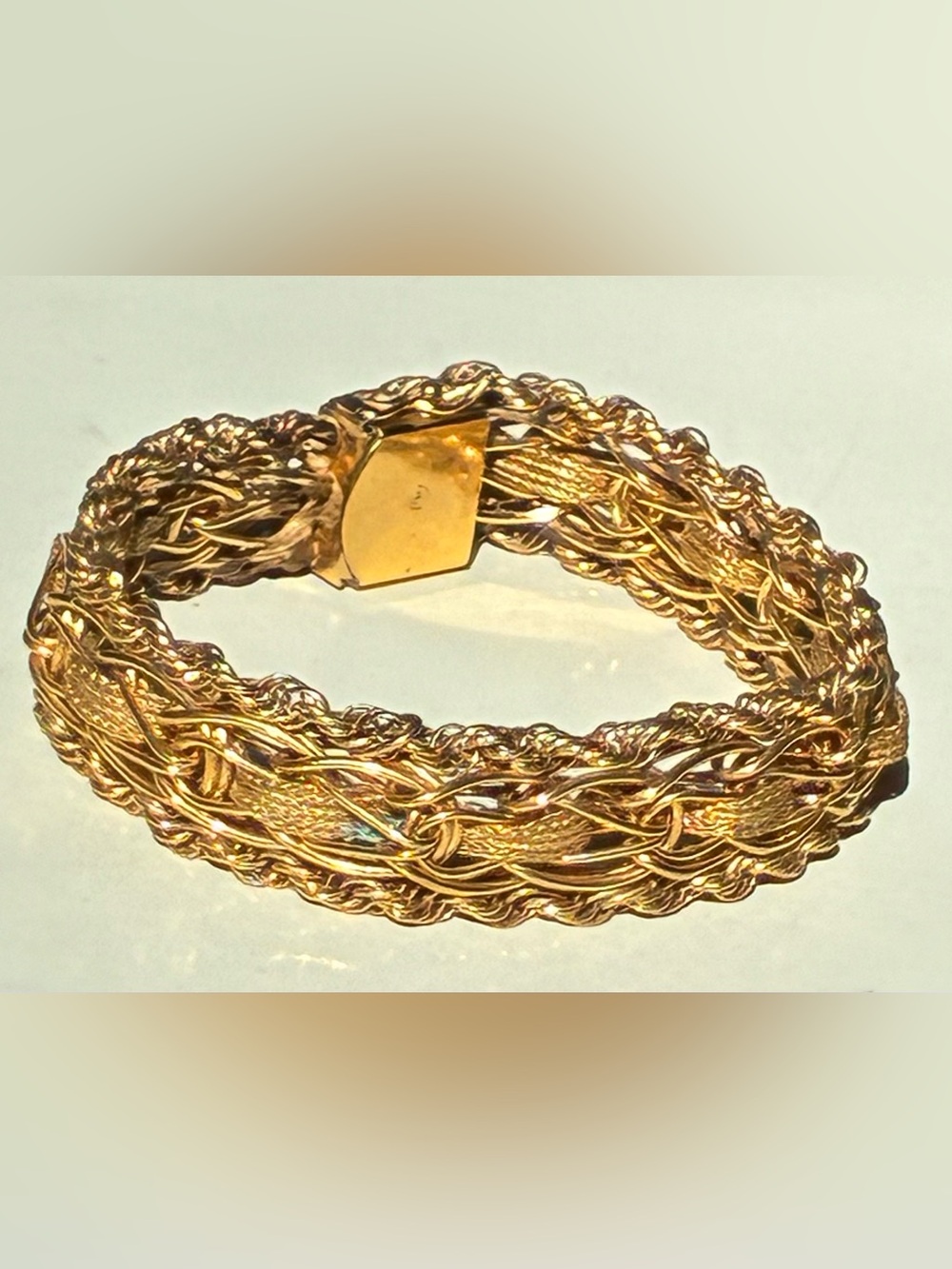 Vintage MCM 1/20 12K Gold Filled Wide Woven Mesh Braided Charm Bracelet 7"